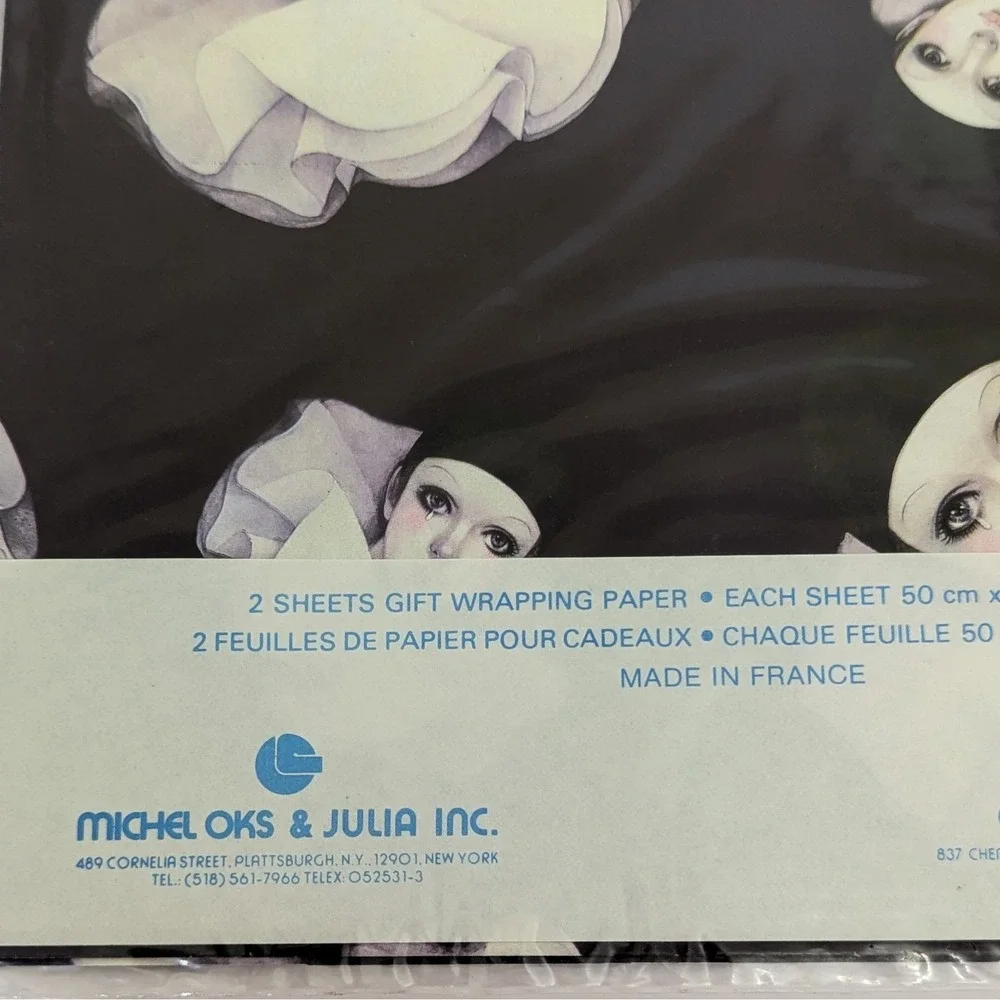 Vintage Mira Fujita Pierrot Mime Clown Gift Wrap Paper Sealed Michel Oks France